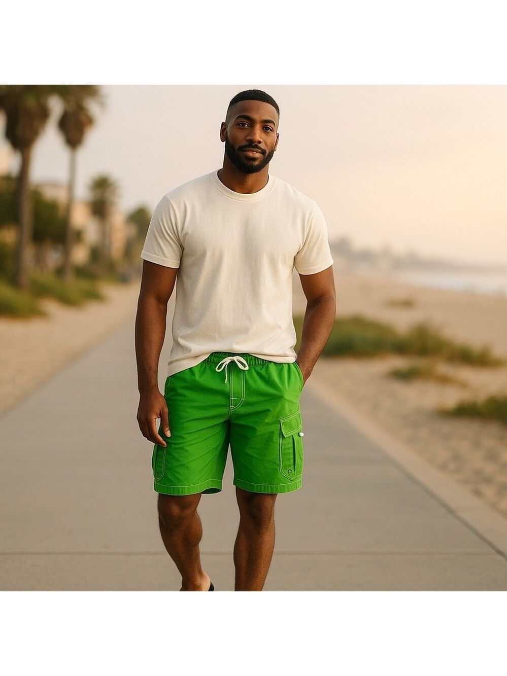 No Boundaries Lime Green Cargo Swim Trunks